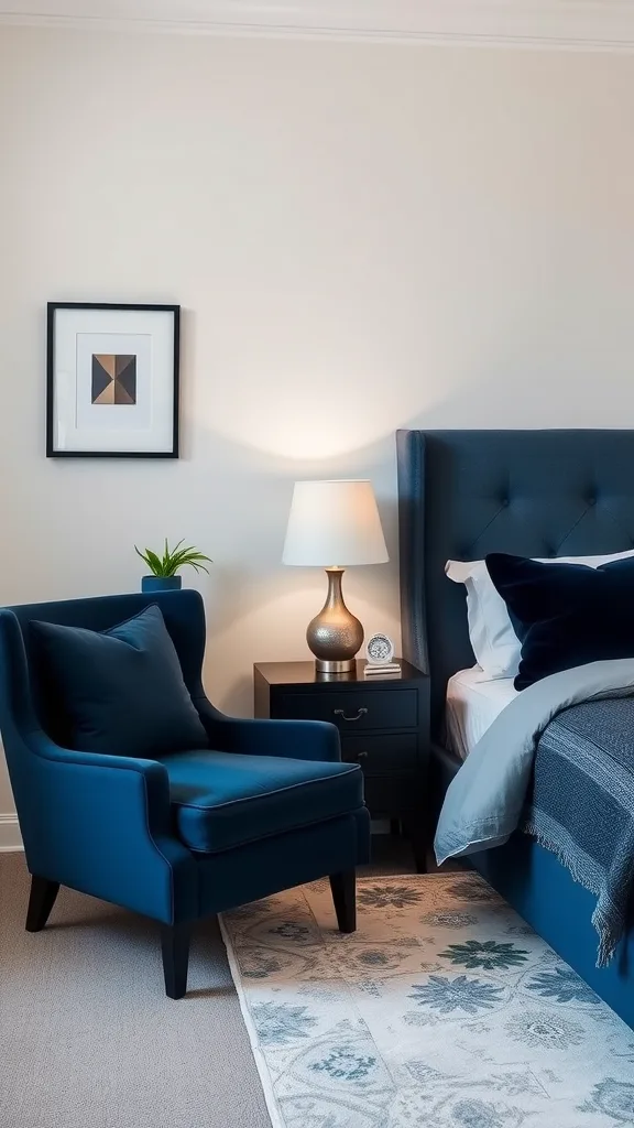 A navy blue bedroom featuring a bed, armchair, bedside table, and lamp