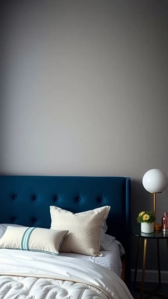 A navy blue tufted headboard in a bedroom with light bedding and a stylish bedside table.