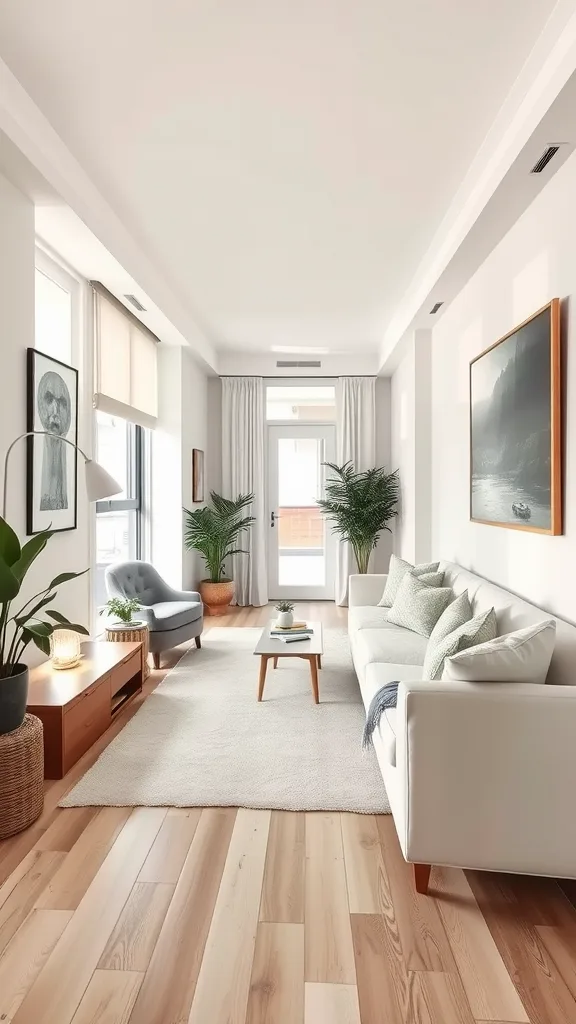 A long narrow living room with a neutral color palette, showcasing light colors, wooden flooring, and plants.