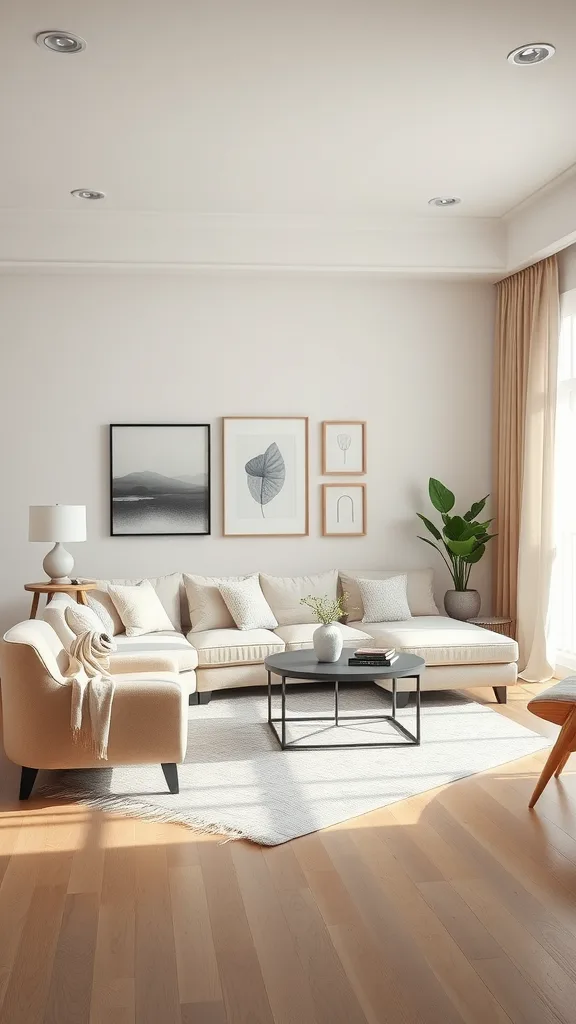 A stylish living room featuring a beige sofa, neutral decor, and a potted plant, designed with a calming color palette.