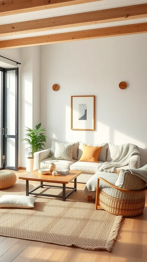 A cozy Japandi living room featuring a neutral color palette with natural textures.