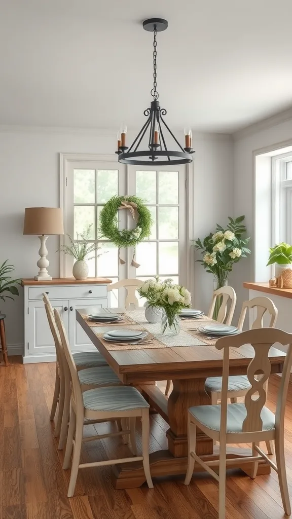 A cozy farmhouse dining room featuring a neutral color palette with a wooden dining table, light chairs, and elegant decor.