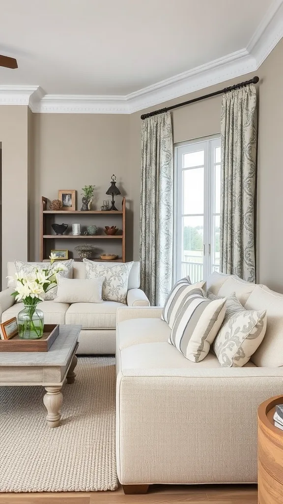 A cozy coastal living room featuring a textured neutral sofa with patterned pillows, light curtains, and natural accents.