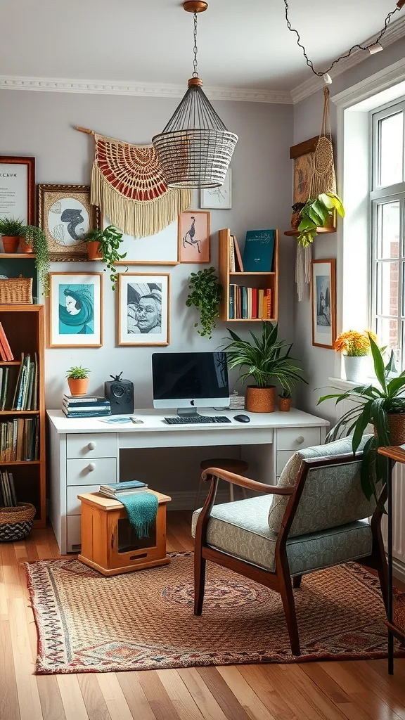 A cozy boho-style home office featuring a desk, plants, and decorative art.