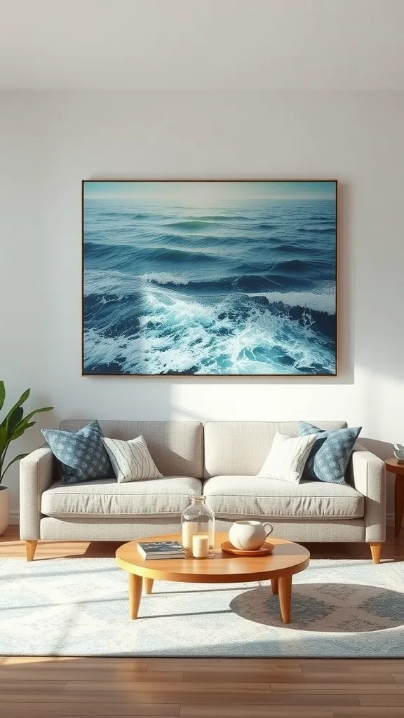 A neutral coastal living room featuring a large ocean-inspired artwork above a light-colored couch, with decorative pillows and a round coffee table.