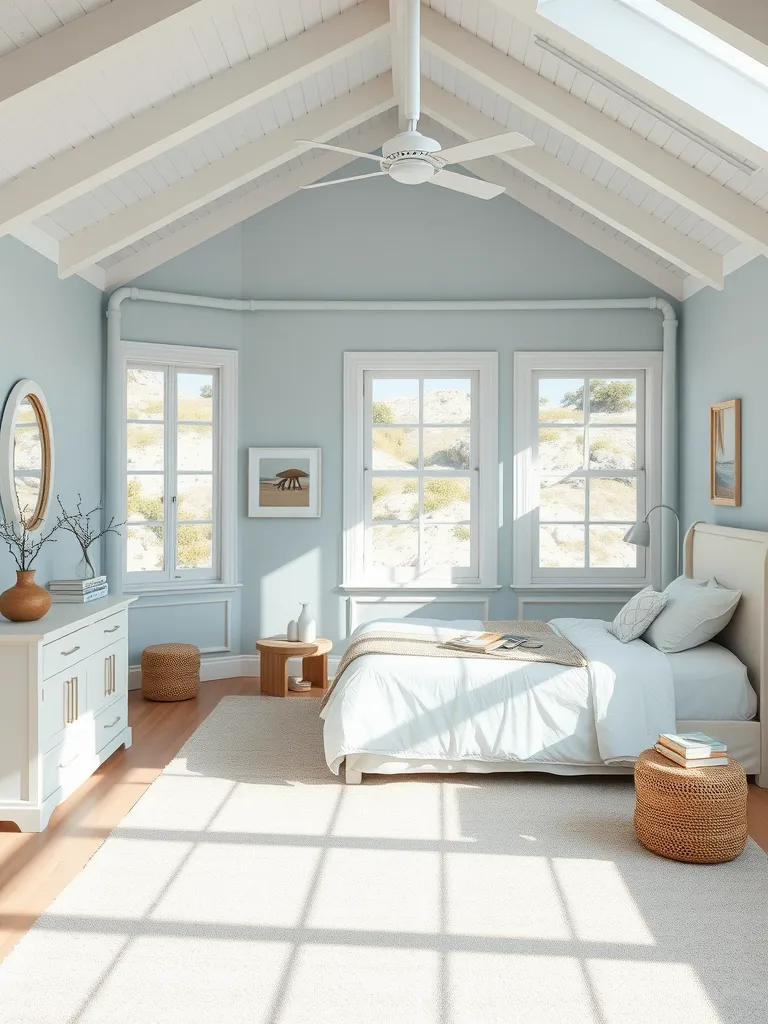 Coastal bedroom with soft blue walls, white bedding, and natural light.