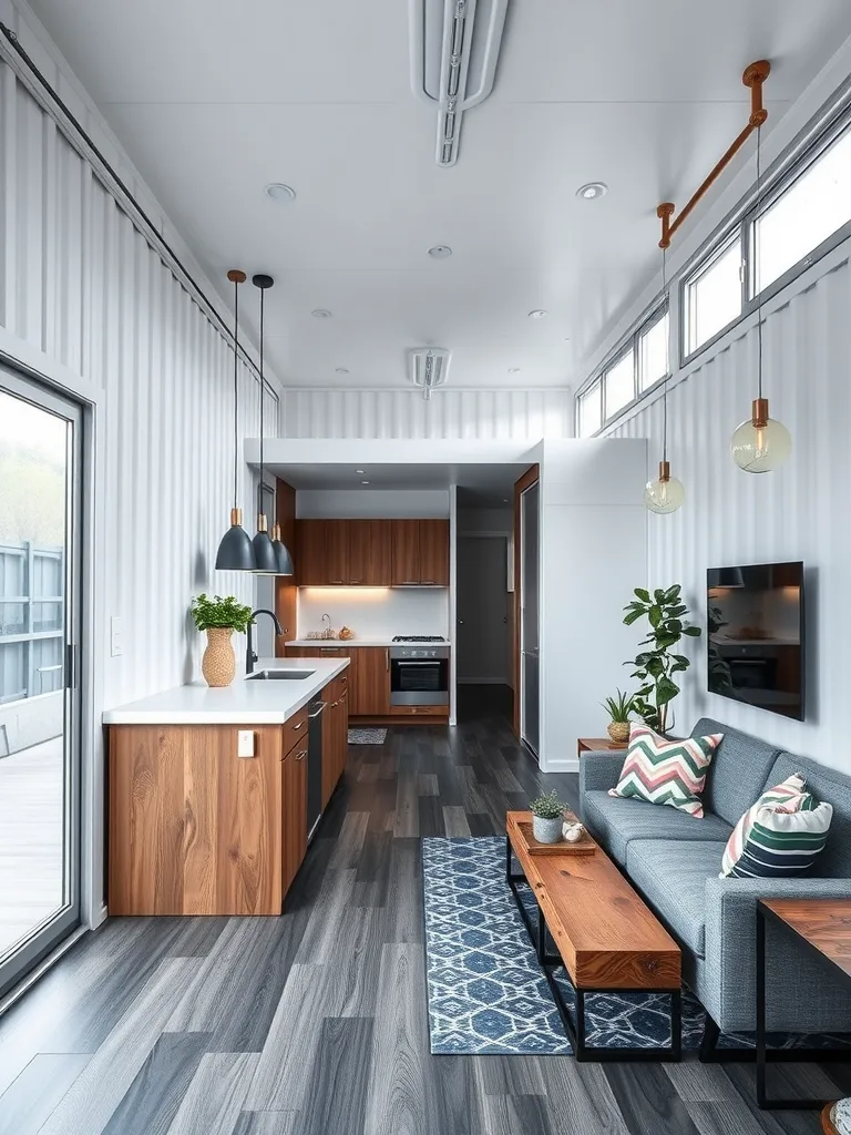 Open-concept living area in a shipping container home featuring a kitchen and living space with modern decor.