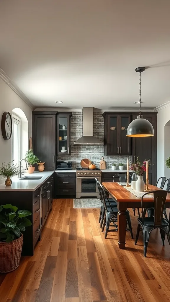 An organic modern kitchen with dark cabinets, wooden floors, and an integrated dining area featuring a wooden table and black chairs.