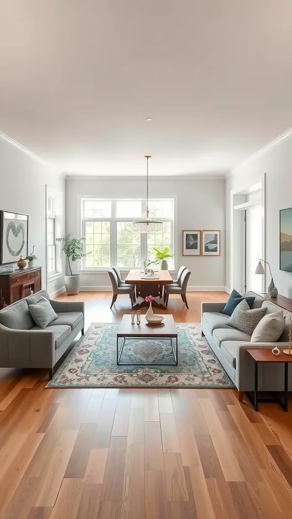 A cozy living room with an open layout featuring grey sofas, a wooden coffee table, and a dining area bathed in natural light.