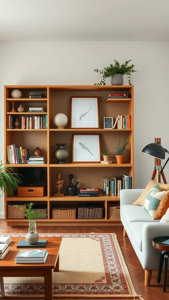 A stylish Japandi living room with open shelving displaying books, plants, and decorative items.