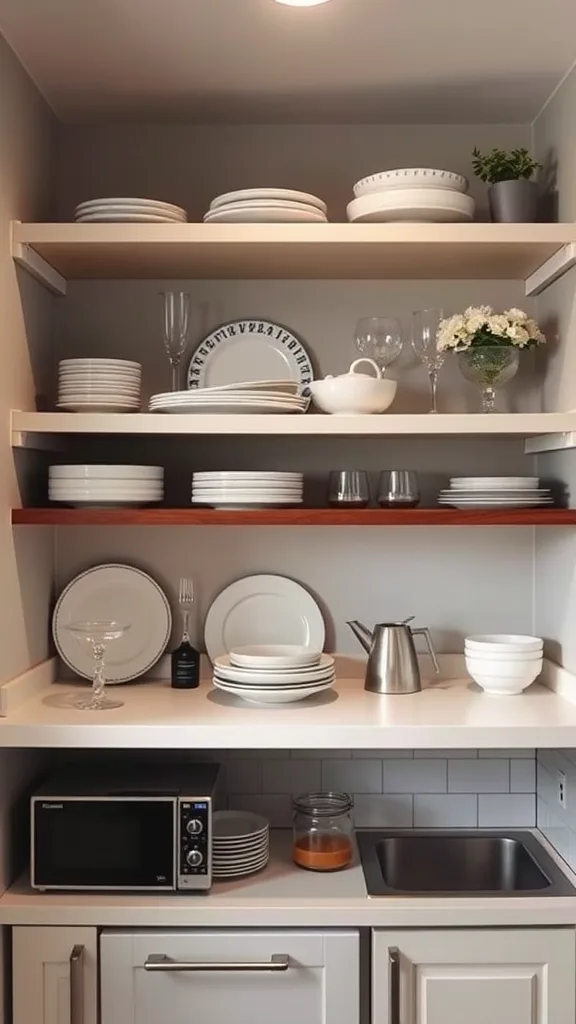 A well-organized basement kitchenette with open shelves displaying white plates, glassware, and decorative items.