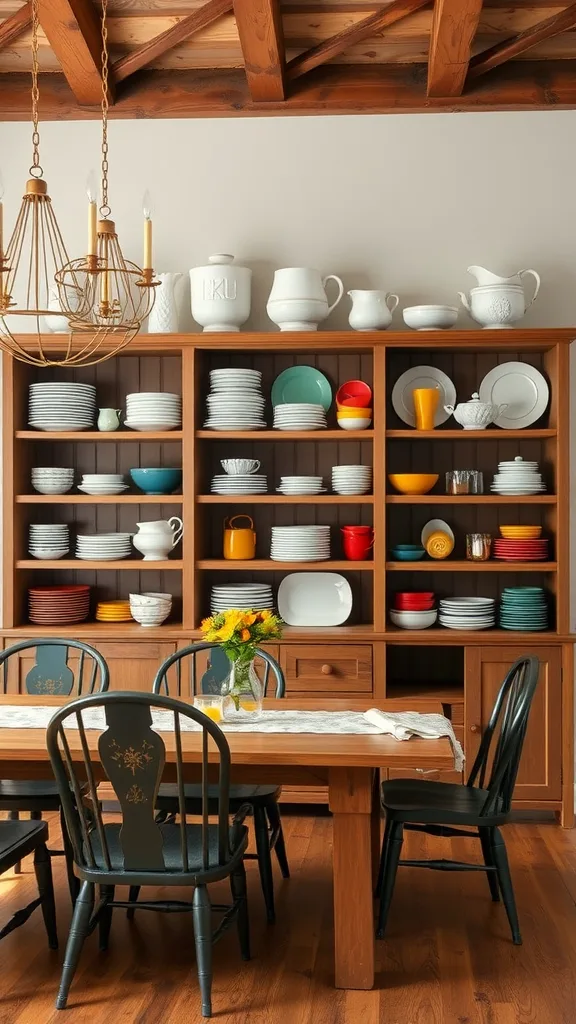 A farmhouse dining room with open shelving displaying colorful dishes and a wooden dining table with chairs.