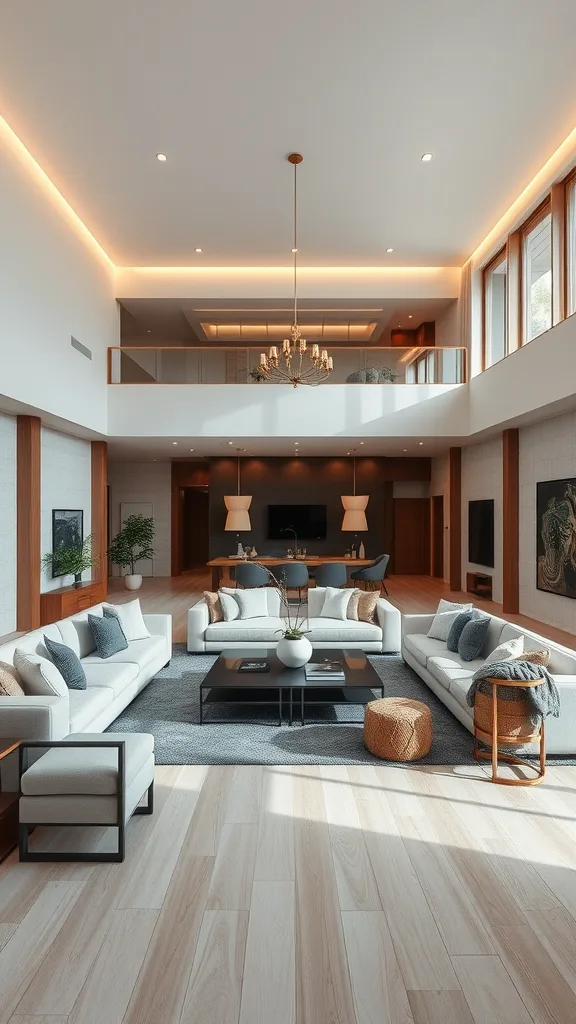 A modern Japandi style living room featuring open spaces, natural light, and minimalist furniture.