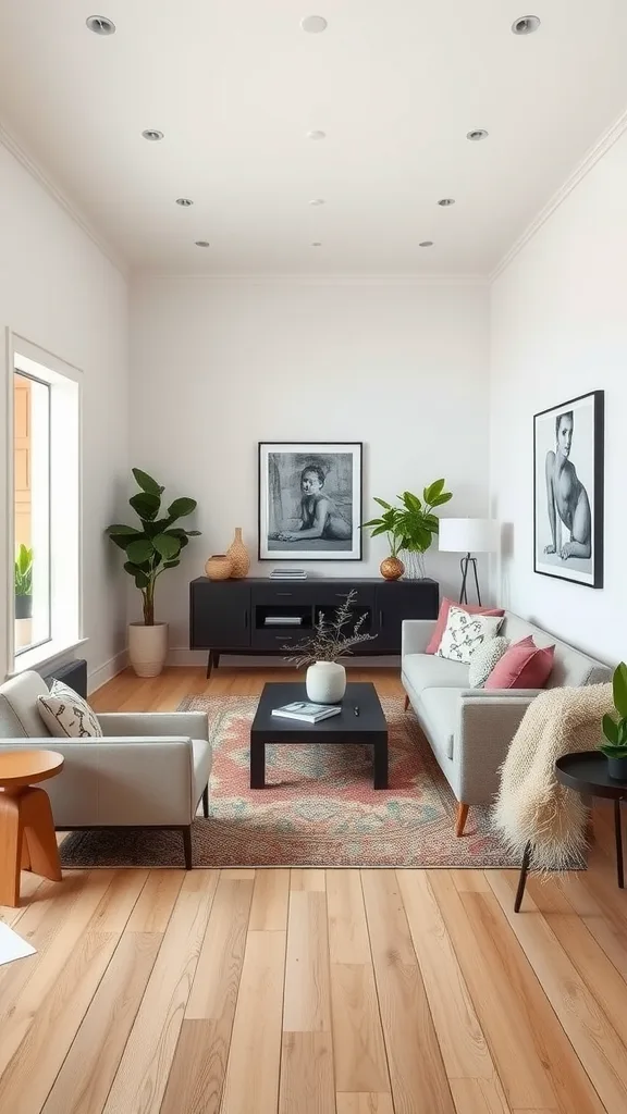 A long narrow living room featuring two sofas, a coffee table, and plants, showcasing a balanced design.