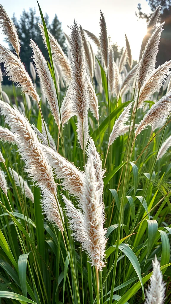 Pampas grass with fluffy plumes swaying in the breeze