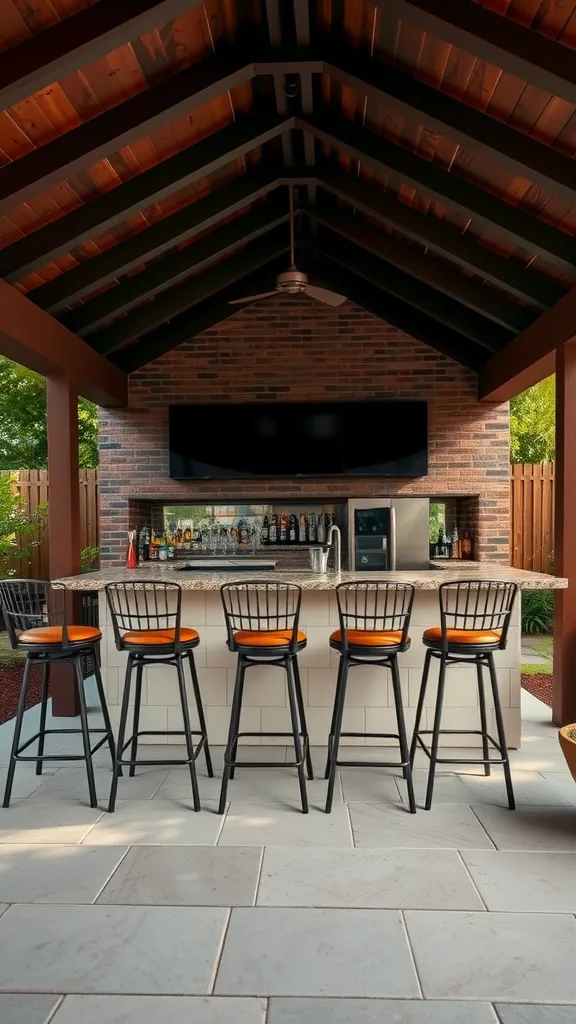 Stylish outdoor bar with stools under a covered patio