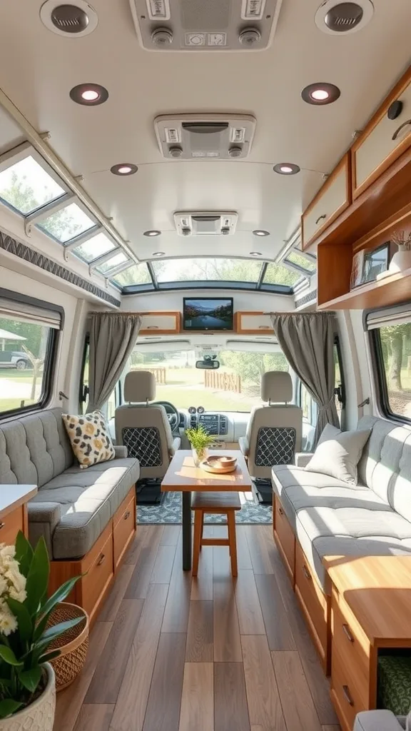 An open-concept RV interior with large windows and a skylight.