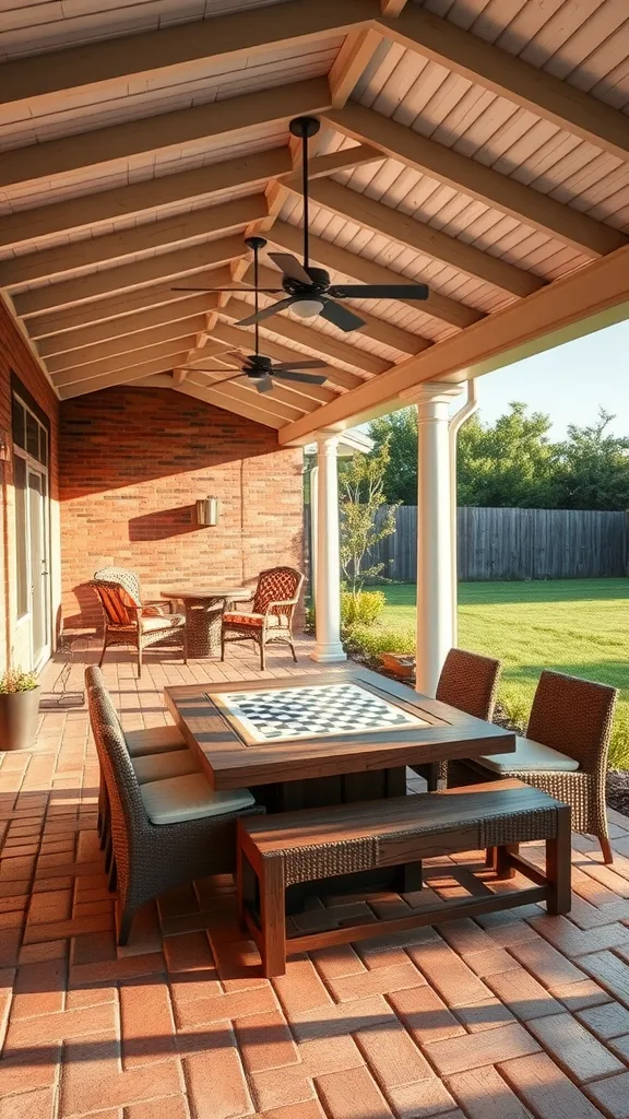 A covered outdoor patio with a chessboard table and comfortable seating, perfect for games.