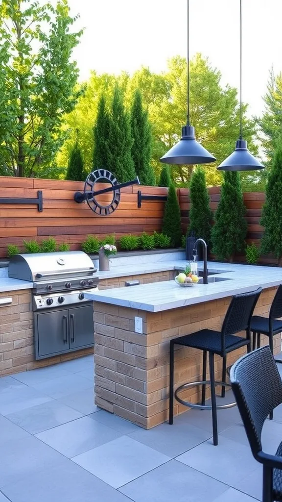 Stylish outdoor kitchen with bar seating and modern grills