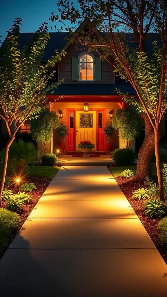 Well-lit front yard with a pathway leading to a bright red door, surrounded by trees and greenery.