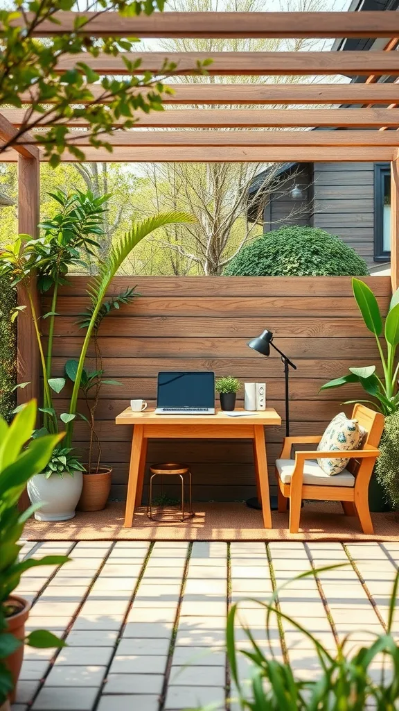 Outdoor workspace with a desk, laptop, plants, and a comfortable chair under a wooden pergola.