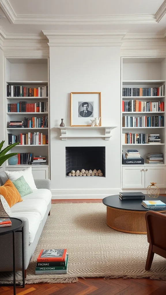 A cozy living room featuring personalized book displays with built-in bookshelves filled with colorful books, a coffee table, and a fireplace.