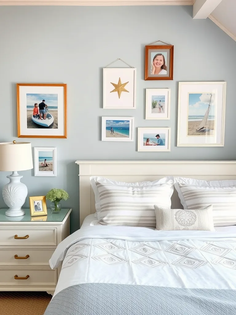 A cozy coastal bedroom with a light blue wall, framed beach photos, a starfish decoration, and soft bedding.