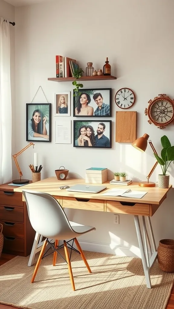 Stylish home office with personalized decor, including framed photos, books, and plants.