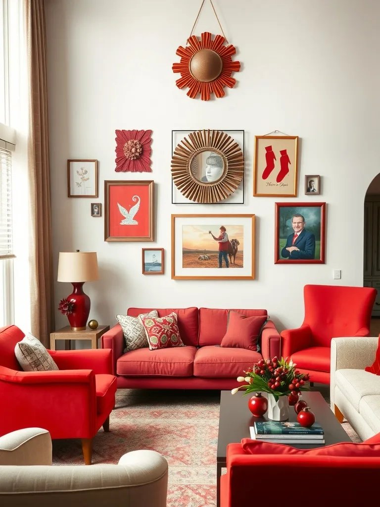 A cozy red living room featuring personalized decor, including framed photos and decorative items.