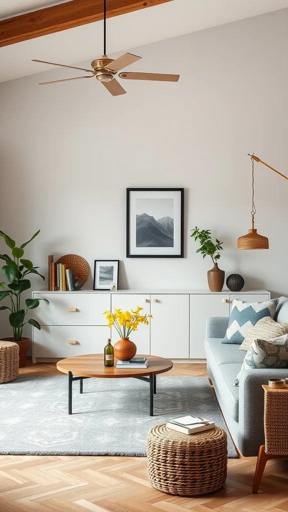 A beautifully arranged Japandi living room with a cozy sofa, wooden coffee table, and green plants.