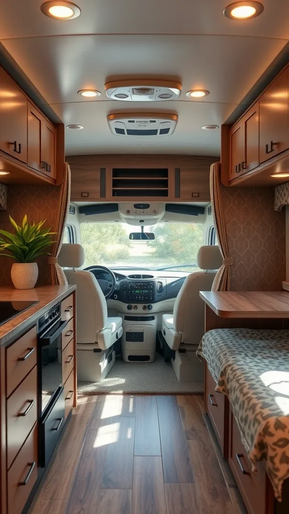 Interior view of a remodeled RV showcasing wood cabinetry and patterned walls.