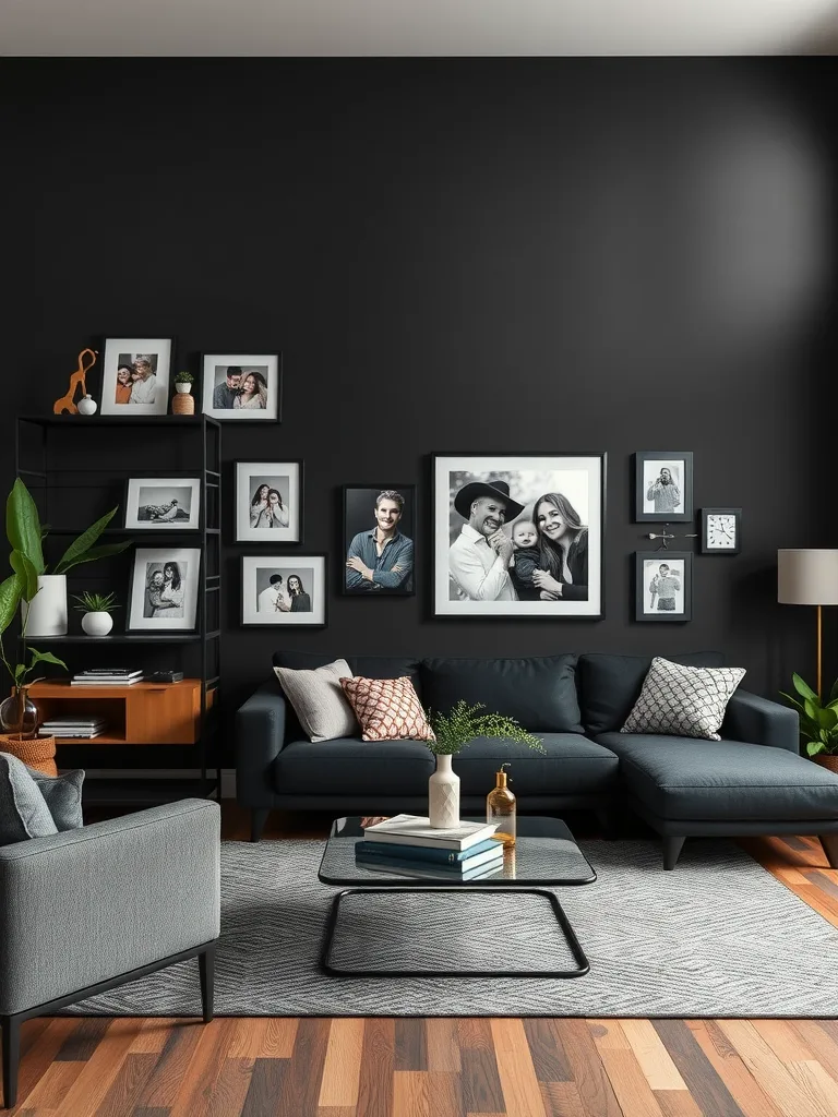 A stylish black living room featuring a gray sofa, framed photos on a black wall, a coffee table, and plants.