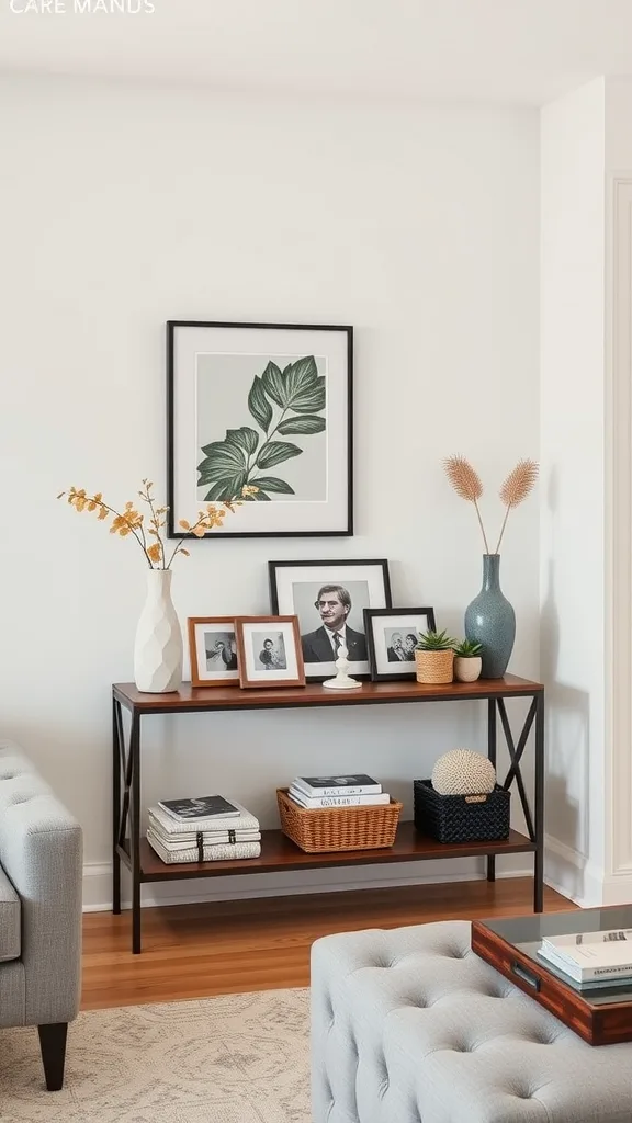 Stylish console table display with framed photos, plants, and decorative items in a modern living room.