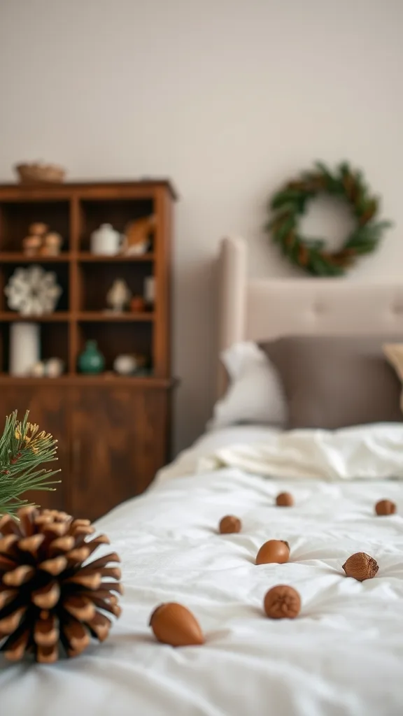 A cozy bedroom featuring a large pine cone and scattered acorns on a white bedspread, with wooden furniture and a wreath in the background.