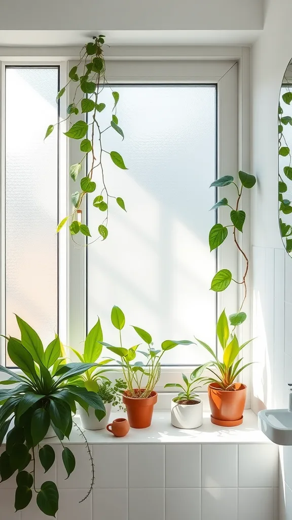 A cozy bathroom windowsill decorated with various plants, creating a natural and private space.