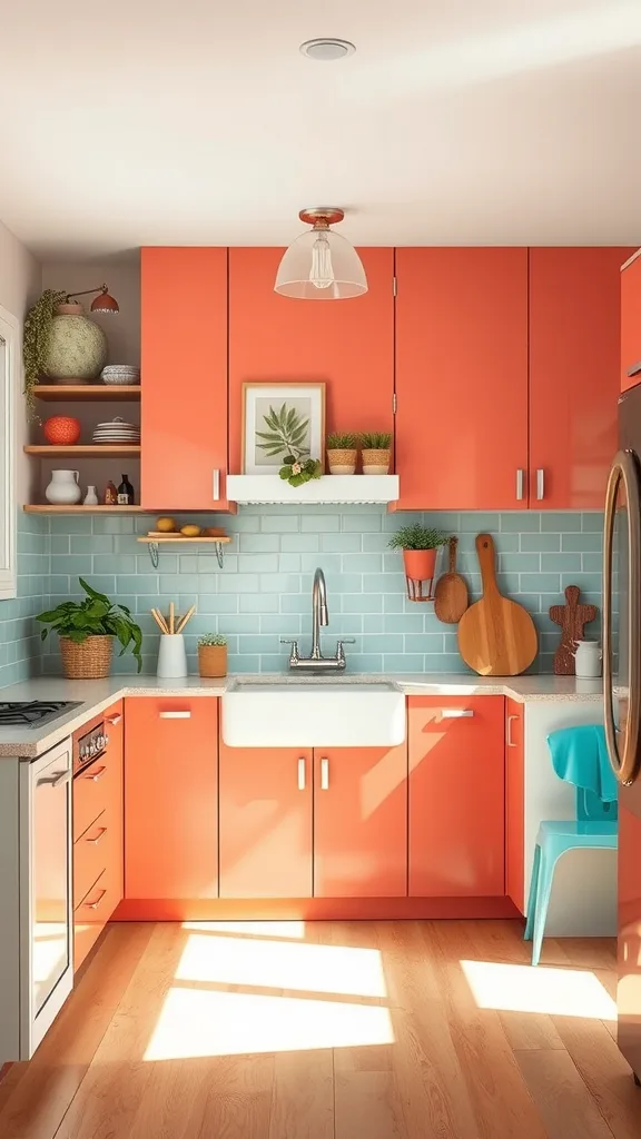 A kitchen with coral cabinets, a blue backsplash, and natural decor elements.