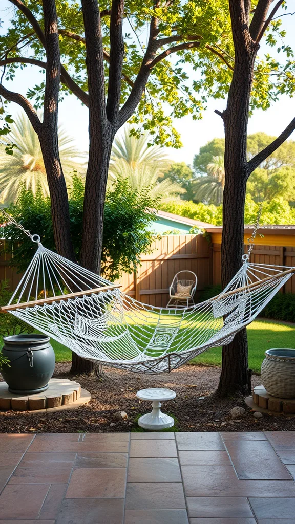 A cozy hammock hanging between two trees in a backyard, surrounded by greenery.