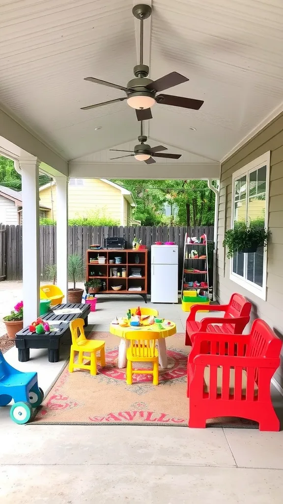 A covered outdoor patio featuring a small round table with a child and an adult, surrounded by colorful toys and craft supplies.