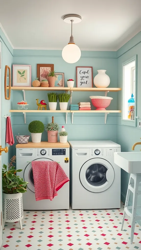 A bright and playful laundry room featuring mint green walls, plants, and colorful decor.