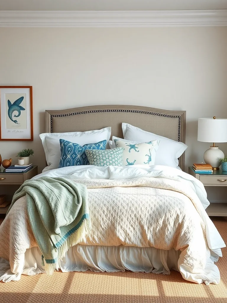 A cozy coastal bedroom with plush bedding featuring decorative pillows and a soft throw blanket.