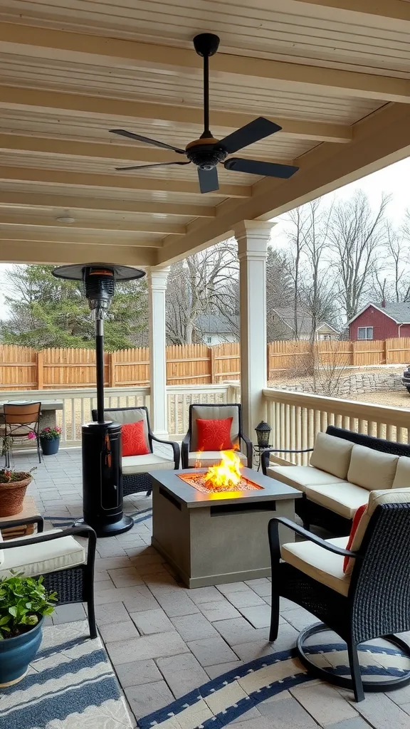 Cozy covered patio featuring a fire pit and a portable heater, surrounded by comfortable seating.