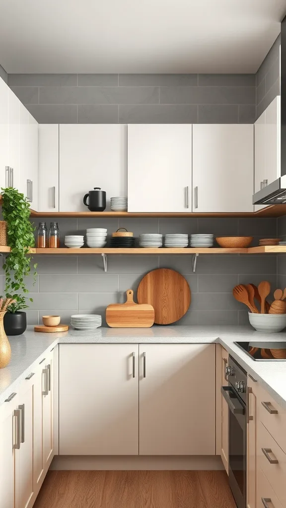 A modern kitchen featuring open shelving with dishes and wooden utensils, complemented by white cabinets and gray tiles.