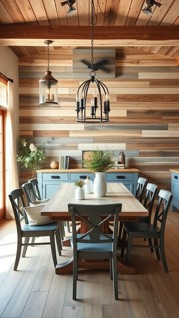 A cozy farmhouse dining room featuring a reclaimed wood table, dark chairs, and a textured wood accent wall.