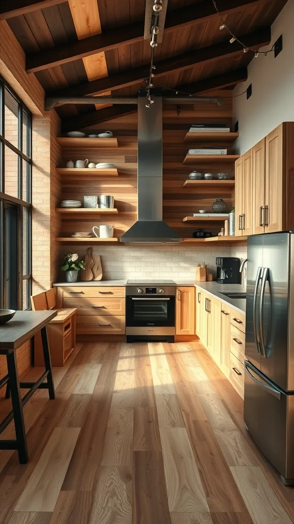 A modern kitchen featuring reclaimed wood shelves and cabinets with large windows.