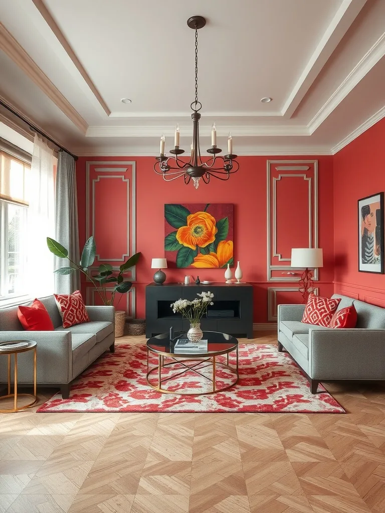 Stylish red and grey living room with modern decor and artwork