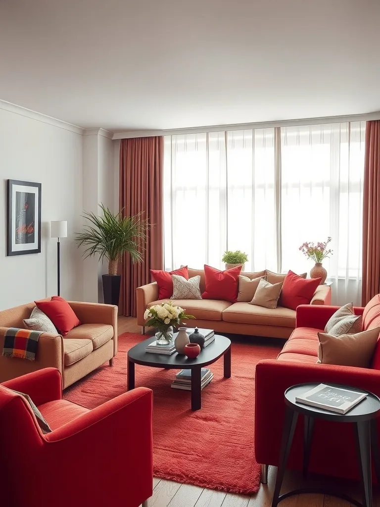 A stylish red living room featuring red and neutral decor, with a mix of comfortable furniture and vibrant accents.