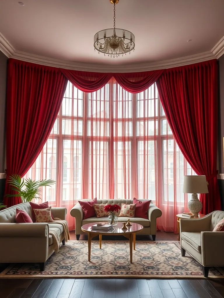 Bright red curtains in a cozy living room with a chandelier and comfortable seating.