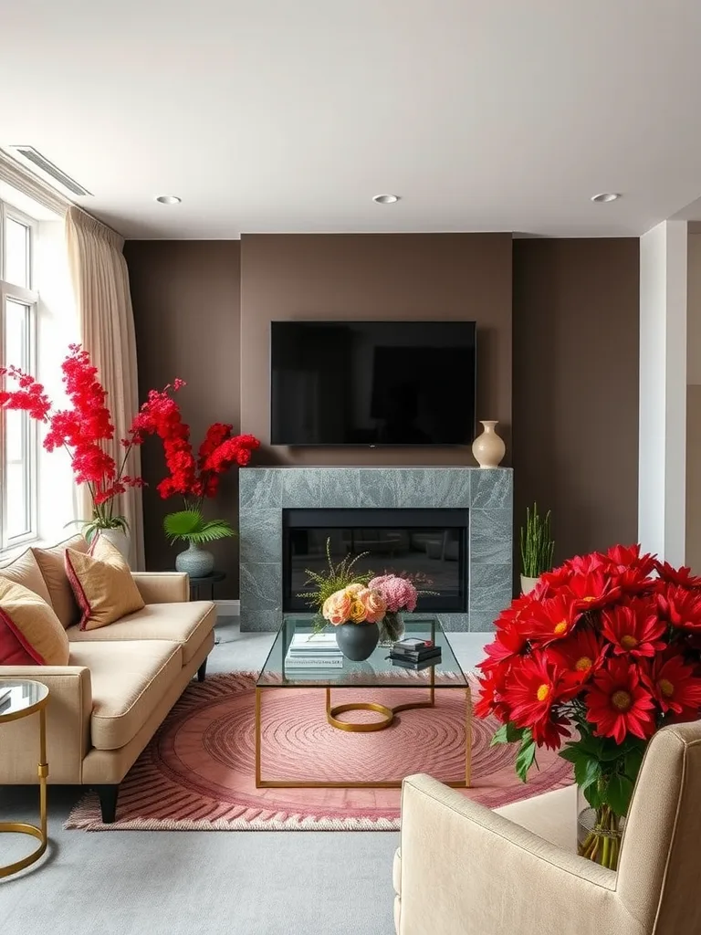 A bright red floral arrangement in a modern living room setting