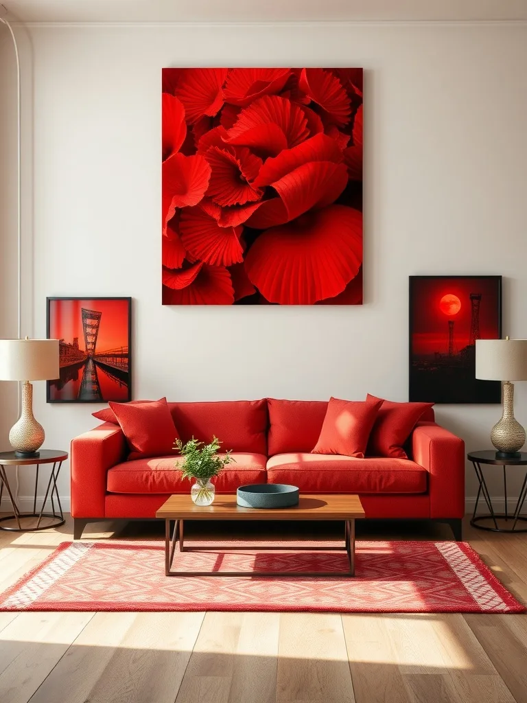 A cozy red living room featuring red furniture, red artwork, and warm lighting.