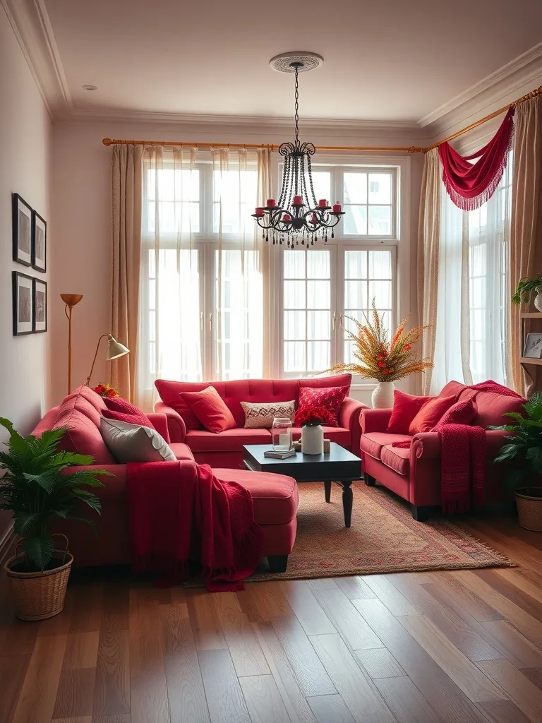 A cozy red living room with comfortable sofas and stylish textiles.